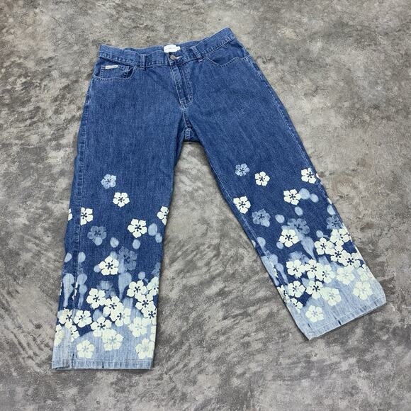 Vintage Y2K Calvin Klein Sz 8 Floral Patterned Unique Blue Denim Capri Pants - Picture 2 of 8